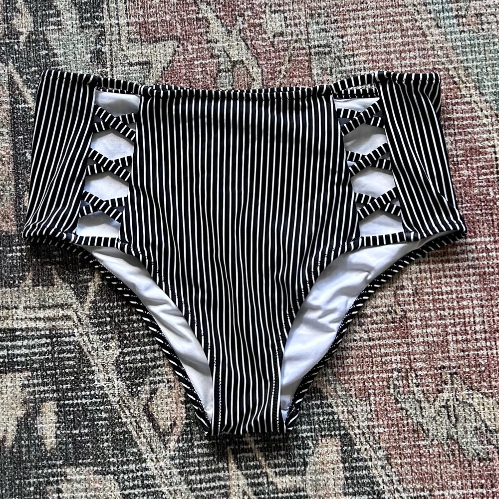 Shade & Shore Black and White stripe Highwaist Bikini Bottoms